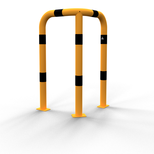 Anti-nudge hoop 90 | equal-sided | steel tube  76 mm | yellow / black | total width: 600 mm | height above ground: 1150 mm | to be fixed by plugs